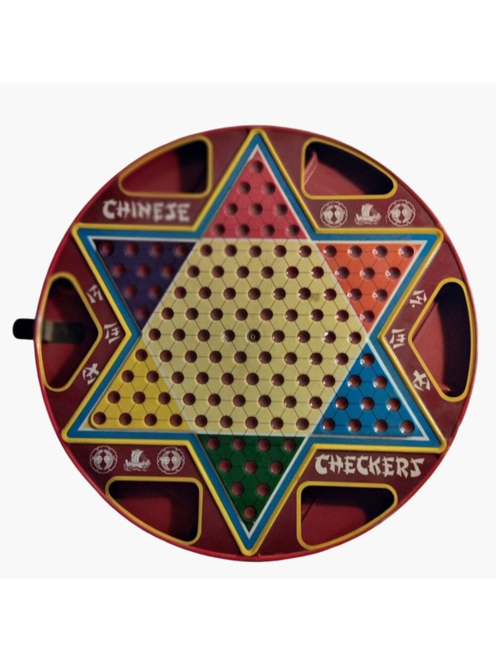 Vintage Chinese Checkers Round Game Board Double Sided Metal Tin Retro Design